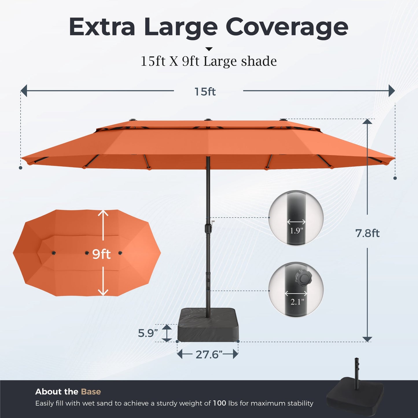 Alpha Joy 15ft Outdoor Patio Umbrella Extra-Large Double-Sided Garden Umbrella with Ventilation and Base - Orange Red