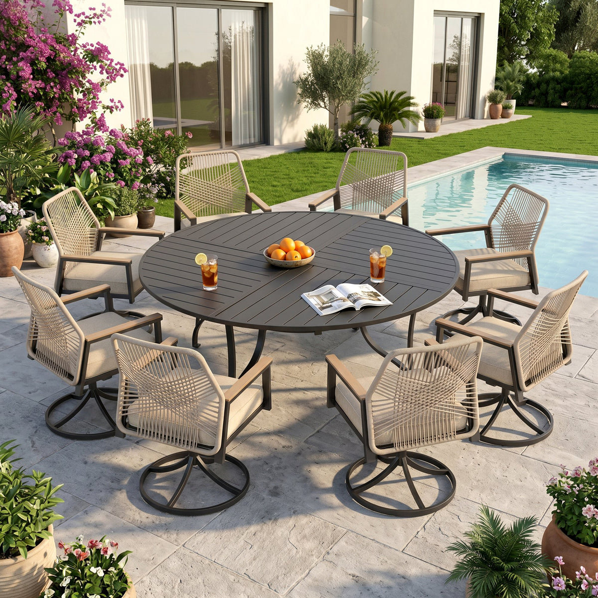 Sophia & William 9-Piece Outdoor Patio Dining Set Swivel Metal Wicker Chairs and Steel Round Table