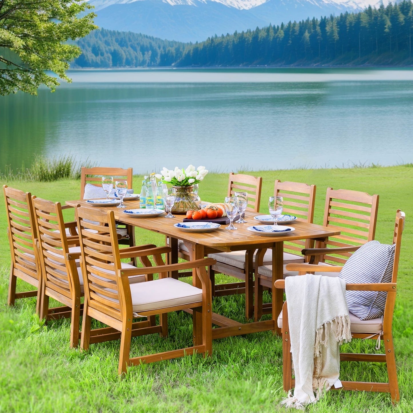 Sophia & William 9 Pieces Patio Dining Set Acacia Wood Outdoor Furniture Set Expandable Table and Natural Wood Chairs with Cushions for Lawn, Garden, Backyard