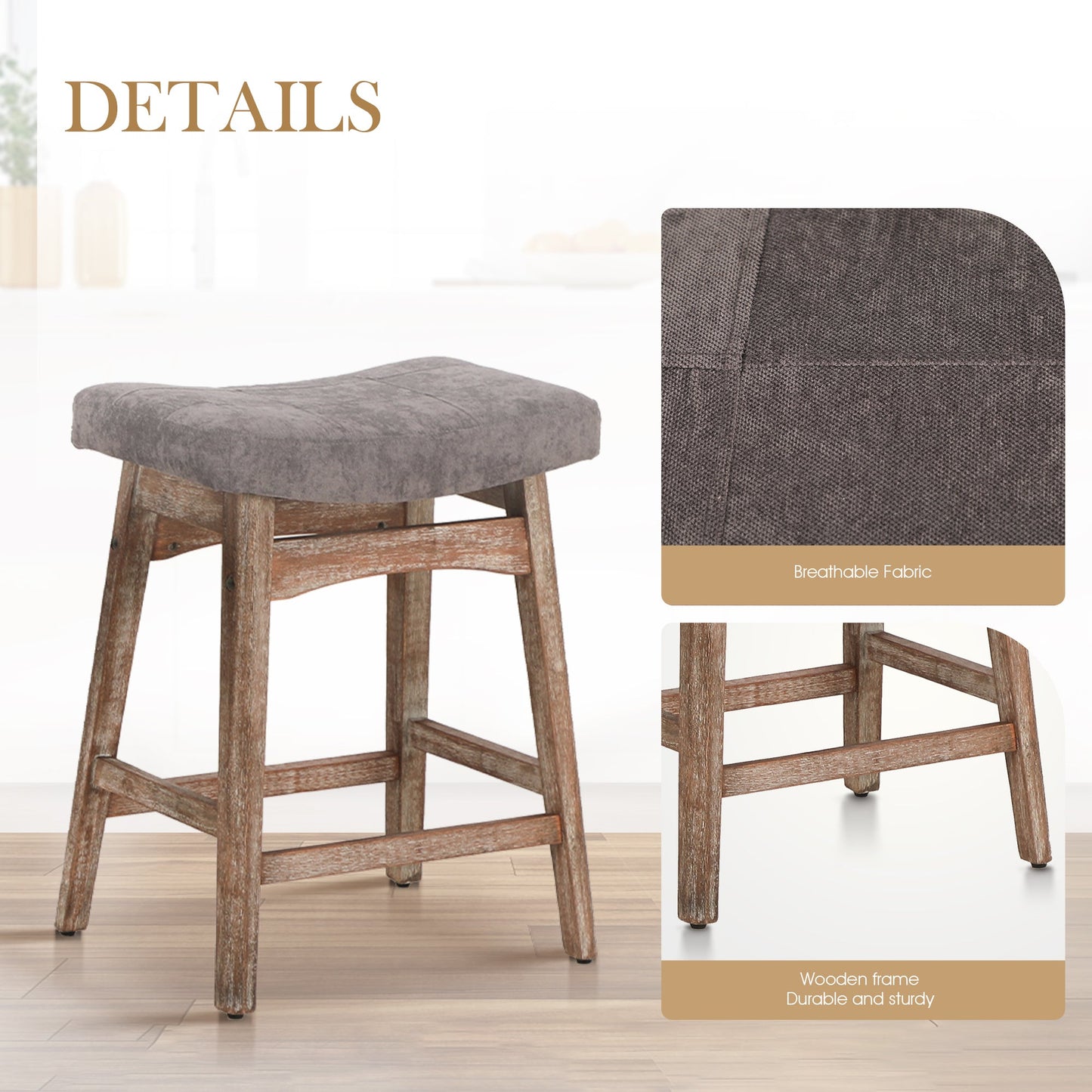 Sophia & William Counter Height Bar Stools Set of 4 for Kitchen Island,24 Inch Saddle Backless Bar Stools with Solid Wood Legs,Vintage Linen Seat Upholstered Farmhouse Counter Stools,Grey