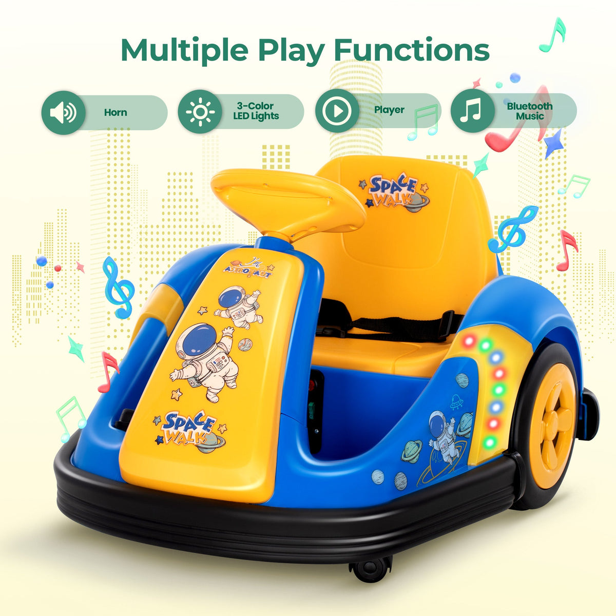 Alpha Joy Kids 12V Bumper Car with Steering Wheel & Remote Control, 3-Color LED Lights, 3 Speeds, Electric Ride-on Car for 3-6 Years, Blue