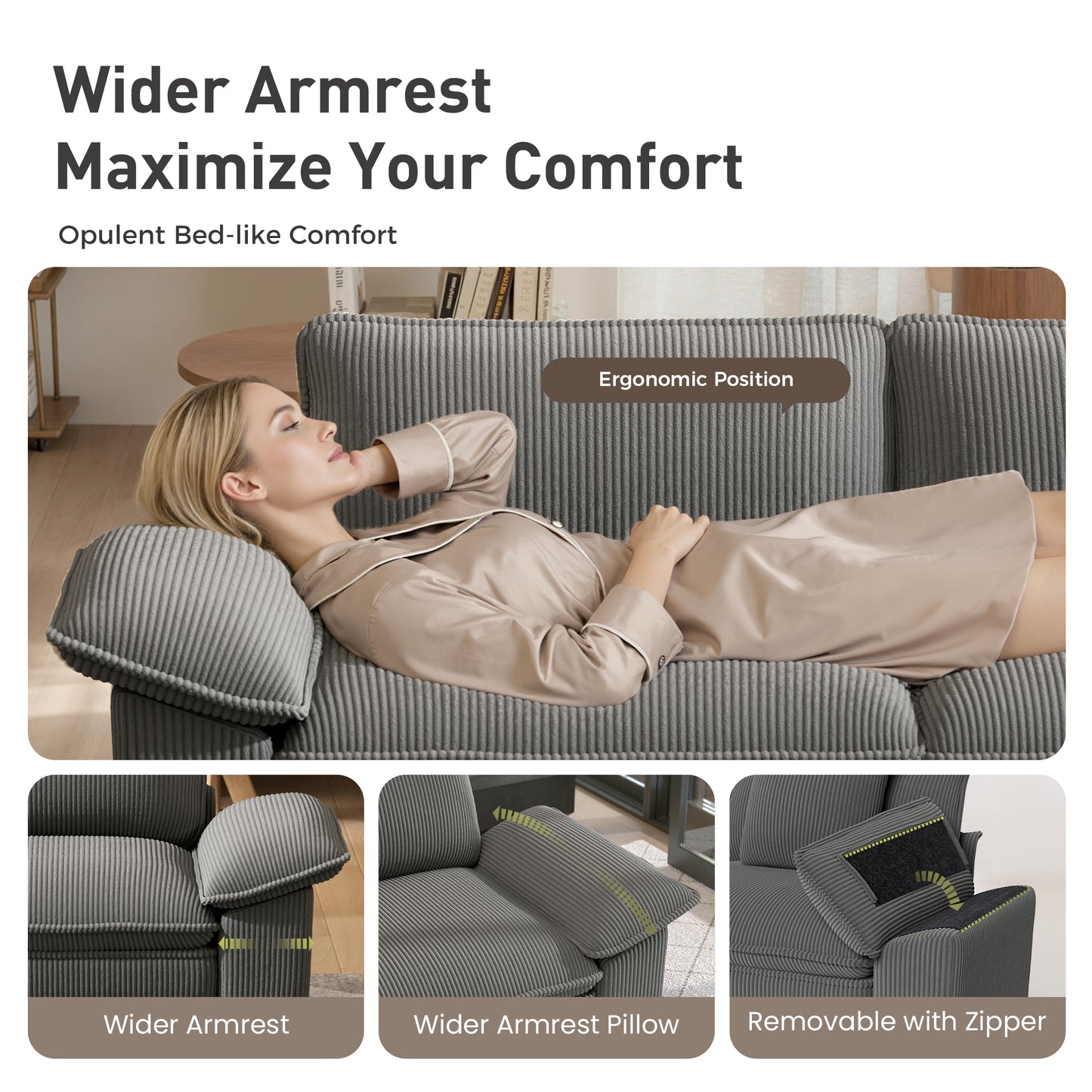 Sophia&William 3-Seat Modular Sectional Sofa Sets, Modern Corduroy Couch Cloud Sofa with Throw Pillows for Living Room,Gray