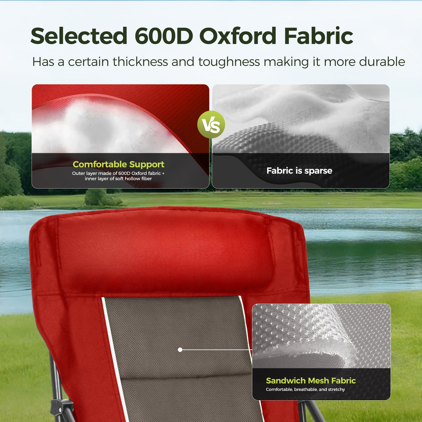 Sophia & William Oversized Camping Chair Heavy Duty High Back Camping Chairs 500lbs Capacity Folding Lawn Chairs with Cup Holder, Portable for Outdoor, Beach and Picnic, Red
