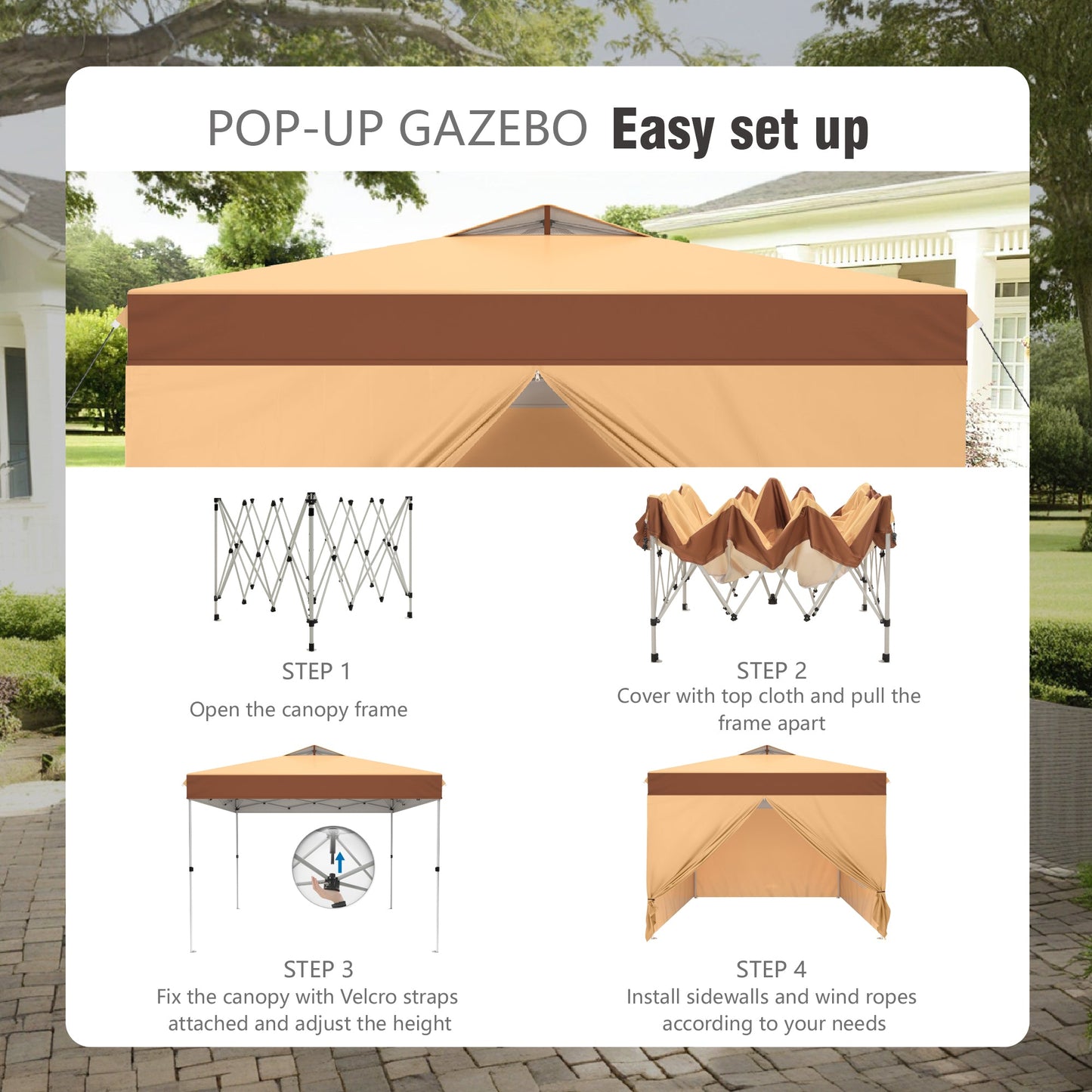 Alpha Joy 10'x 10' Instant Canopy Outdoor Ez Up Outdoor Canopy Shelter Tent with 4 Side Walls, Beige