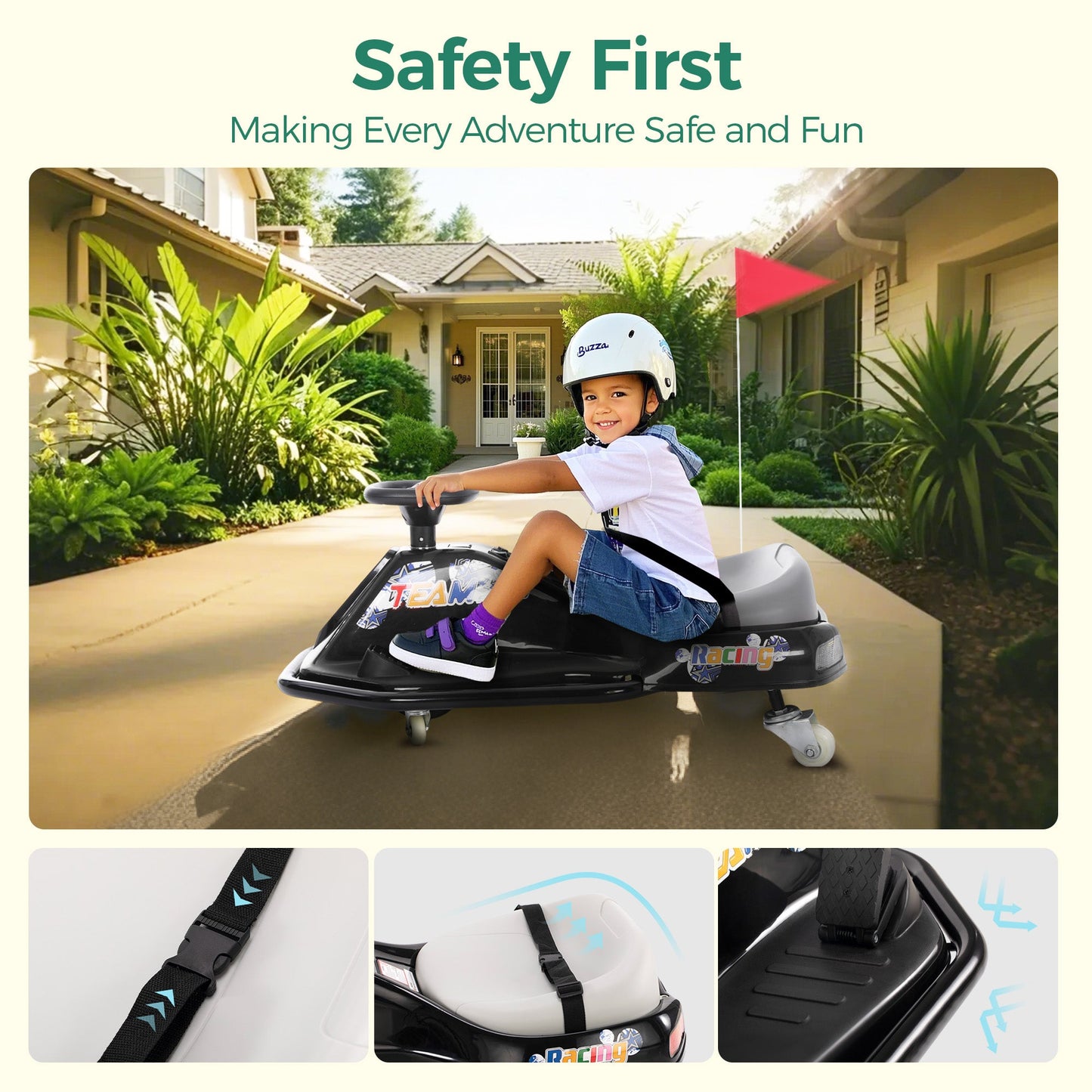 Alpha Joy Kids Crazy Drift Car 24V 180W Electric Drifting Go-Kart w/Rechargeable Battery, Colorful Light, Bluetooth Music & Safety Harness, Black