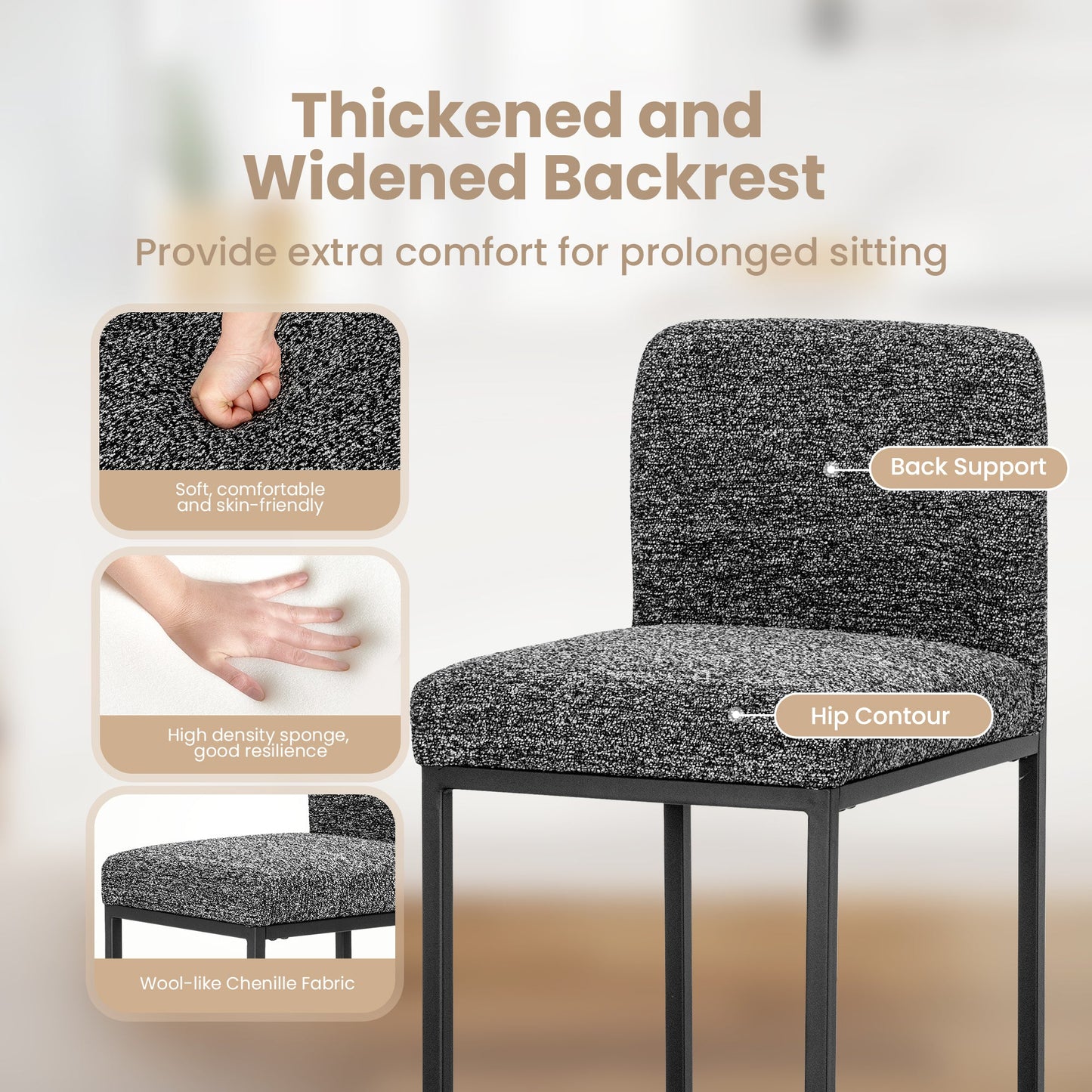 Sophia & William Counter Height Bar Stools with High Backrest 4 Pack Soft & Durable Chenille Fabric Bar Stools for Kitchen Island, Black