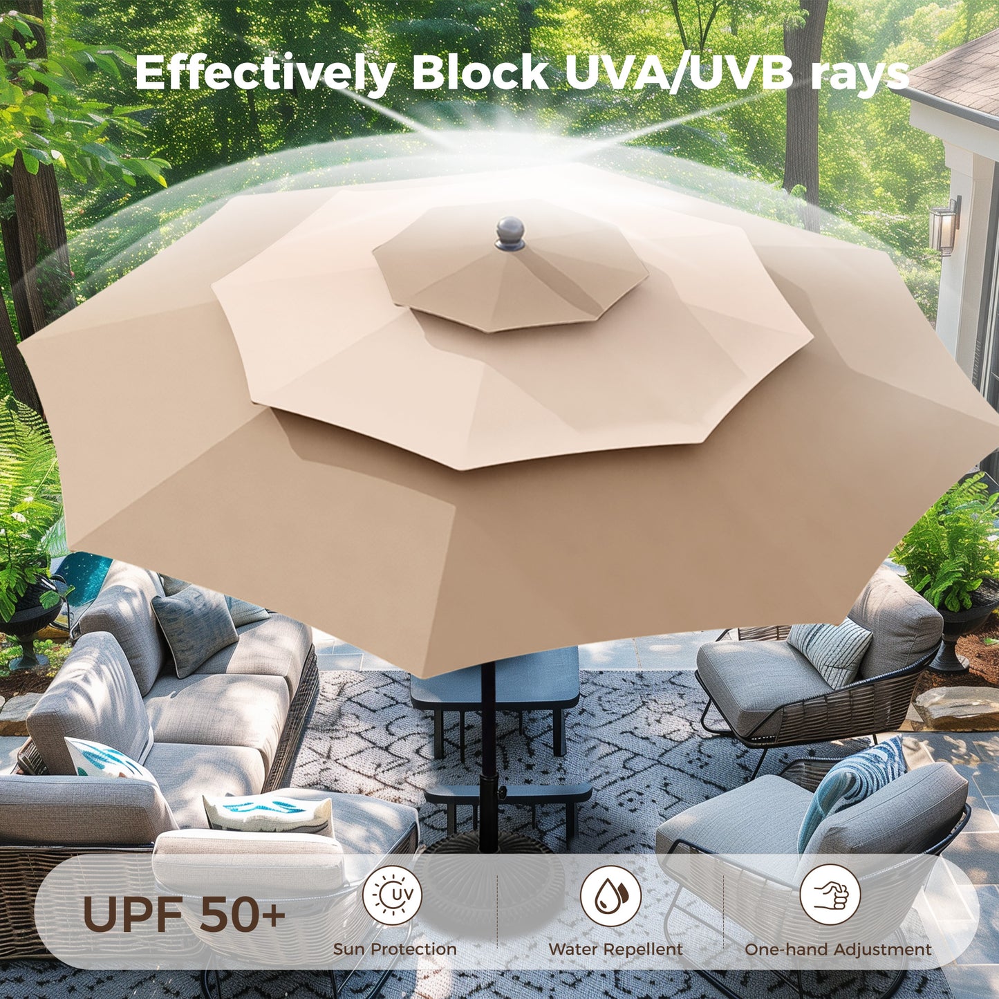 Alpha Joy 10ft 3 Tier Auto-Tilt Outdoor Patio Umbrella Beach Garden Double Vented Table Umbrella with Push Button and Crank, Beige & Tan