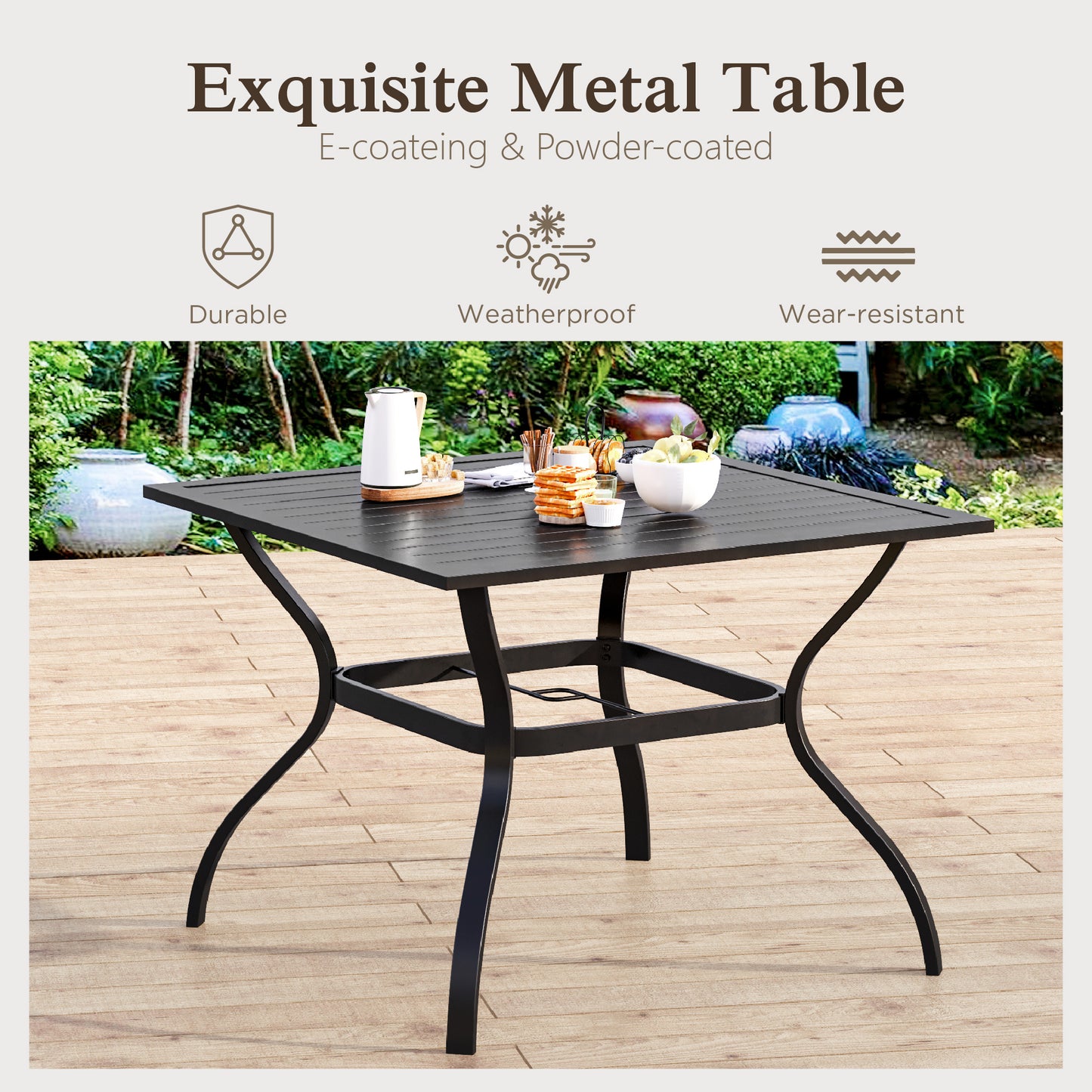 Sophia & William 5 Pieces Outdoor Patio Dining Set, 37" Metal Square Dining Table and Wicker Rattan Chairs Set for 4, Black Placer Gold