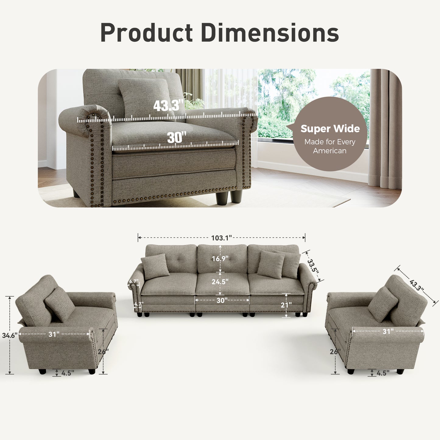 Sophia&William 5-Seat Large Sectional Sofa Set, Mid-Century Linen Cloud Couch with Nailhead Trim, 5 Pillows for Living Room, Light Gray