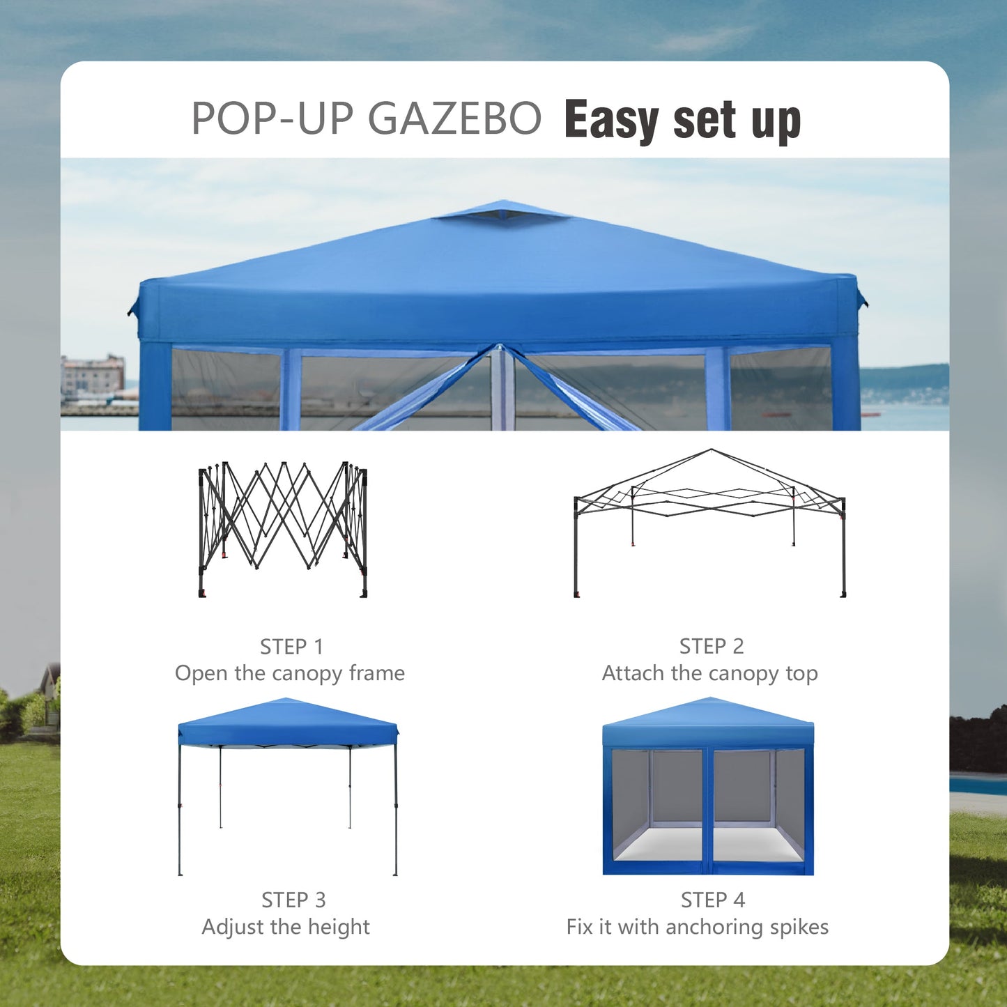 10' x 10' Pop up Canopy Tent with Netting Portable Outdoor Event Tent with Roller Bag, Blue