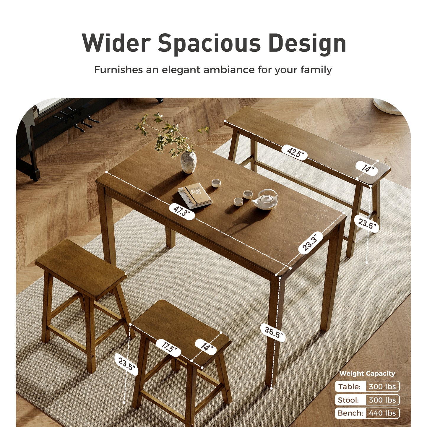 Alpha Joy 4 Pieces Dining Table Set for 4 Space-Saving Wood Kitchen Counter Height Bar Table, 2 Stools and Bench- Rustic Caramel