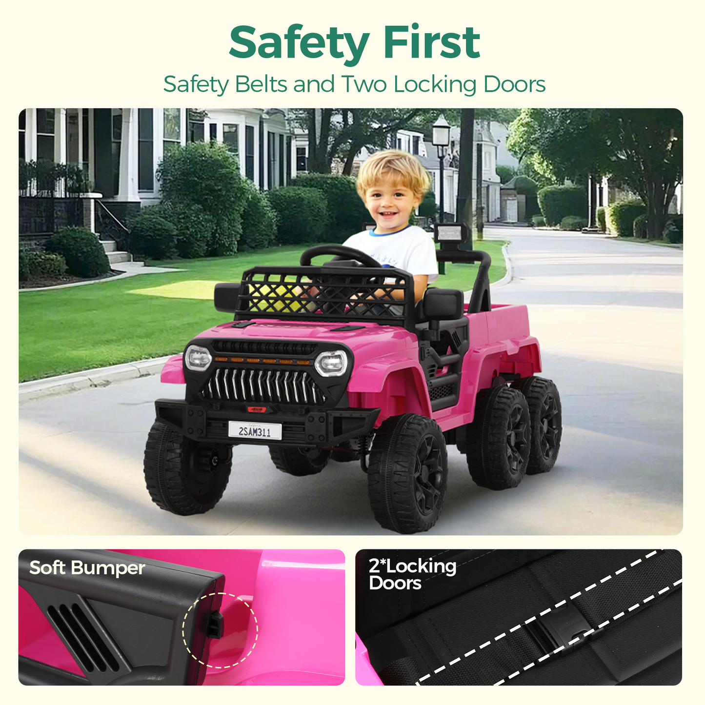 Alpha Joy Kids Ride on Truck 6-Wheel Electric Jeep Car with Remote Control Battery Powered Toy Car w/2WD/4WD Switch, LED Lights, Bluetooth Music, Pink