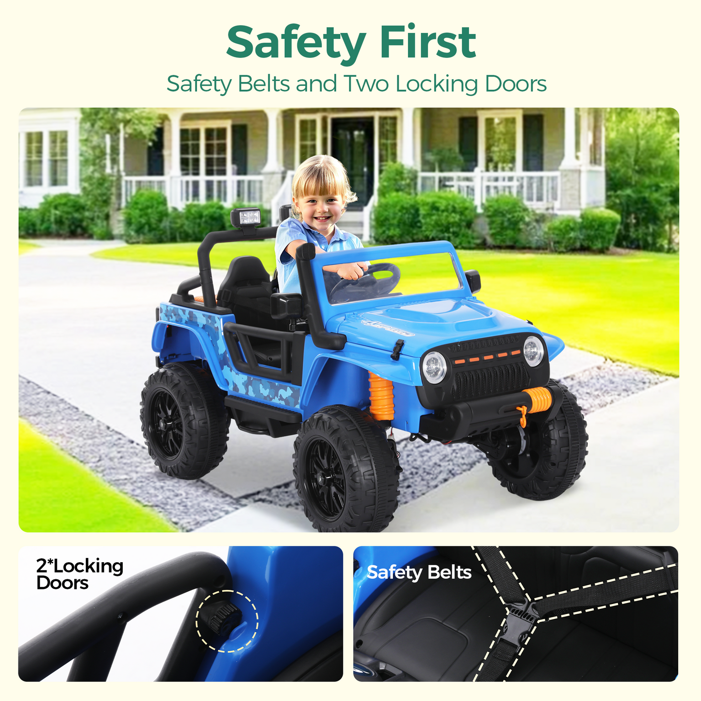 Alpha Joy 2-Seater Kids Ride on Truck 24V Electric Jeep Car with Remote Control Battery Powered Toy Car w/2 Speeds, LED Lights, Detachable Spotlights, Bluetooth Music, Blue