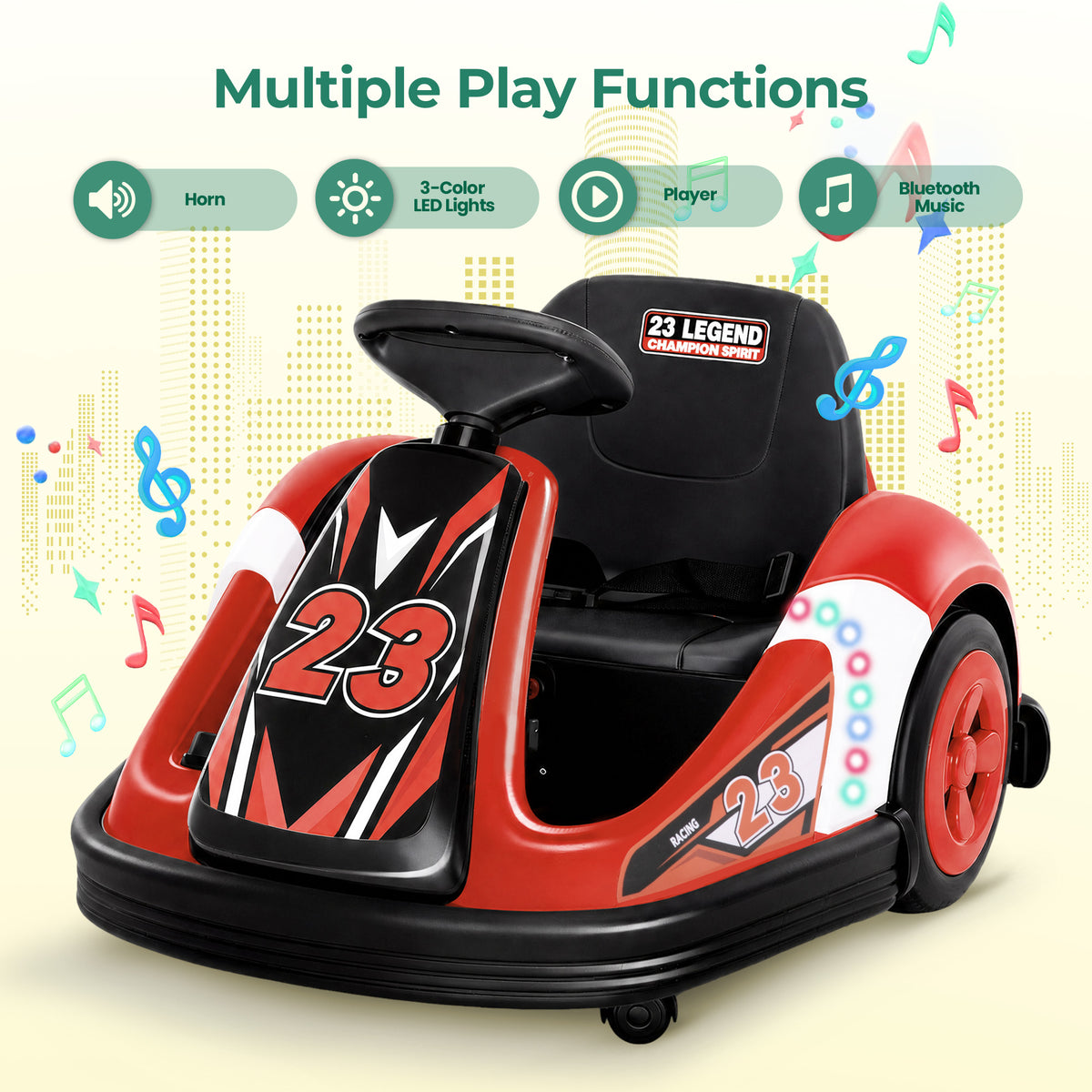 Alpha Joy Kids 12V Bumper Car with Steering Wheel & Remote Control, 3-Color LED Lights, 3 Speeds, Electric Ride-on Toys Car for 3-6 Years, Red