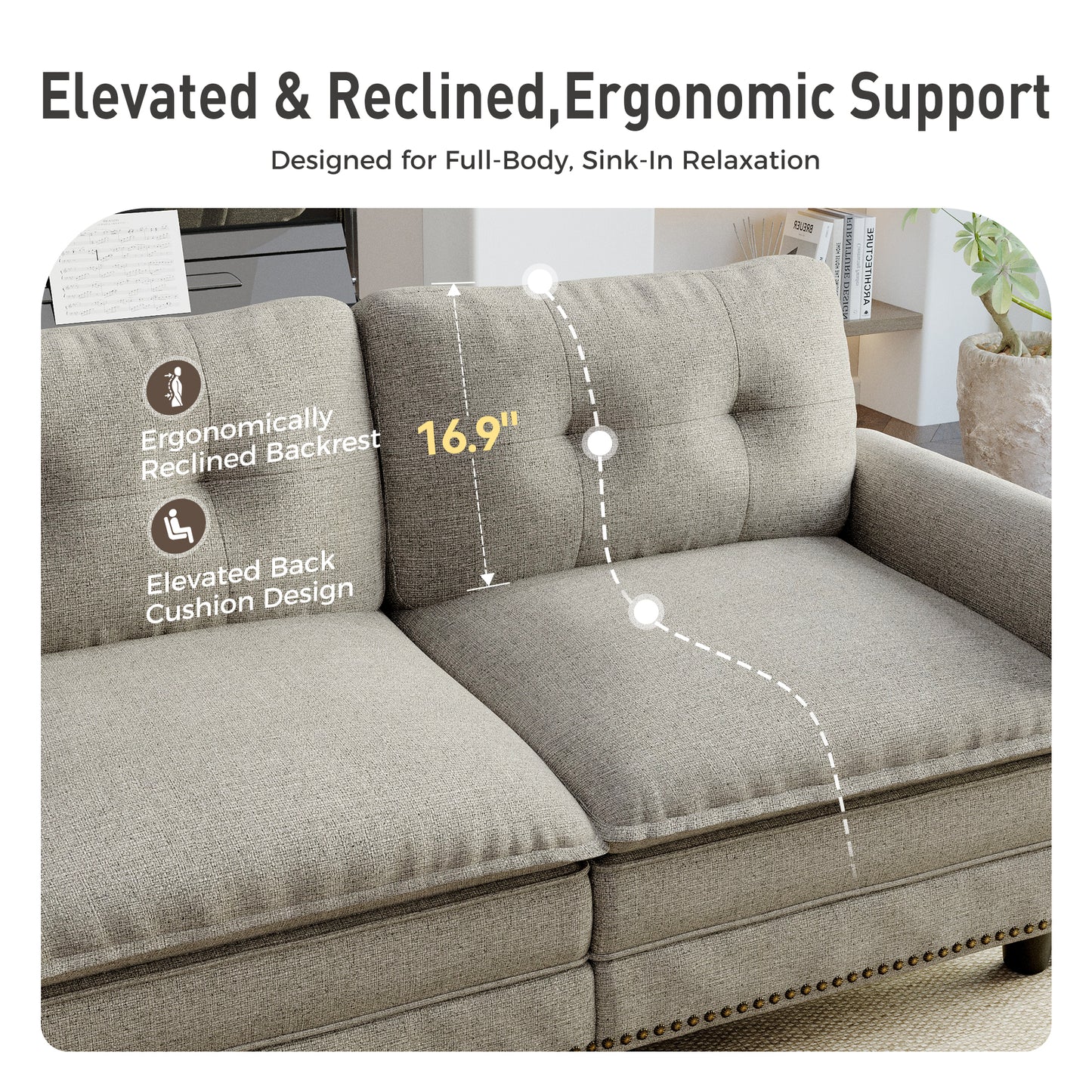 Sophia&William 3-Seat Sectional Sofa Set, Mid-Century Linen Cloud Couch Modular Sofa with Nailhead Trim, 3 Pillows for Living Room Furniture Sets, Light Gray