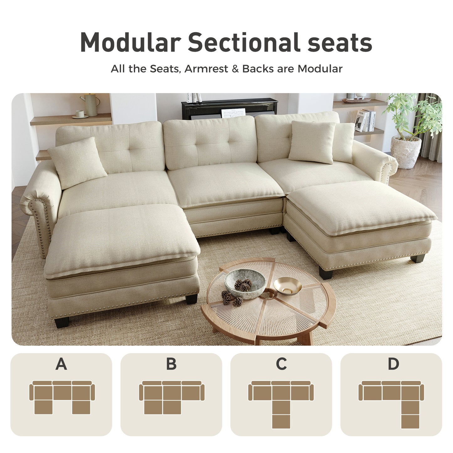 Sophia&William Modular Sectional Sofa Set, U-shaped Linen Cloud Couch 5-Seat Nailhead Trim Cloud Sofa Set with 3 Pillows for Living Room, White