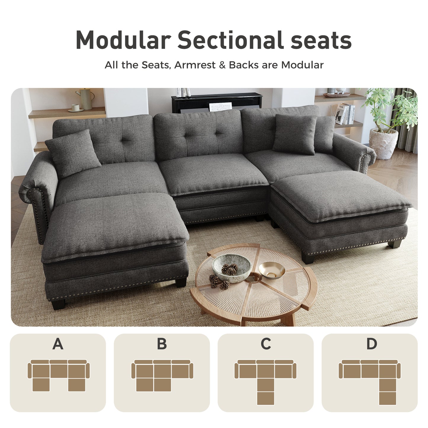 Sophia&William Modular Sectional Sofa Set, U-shaped Linen Cloud Couch 5-Seat Nailhead Trim Cloud Sofa Set with 3 Pillows for Living Room, Dark Gray