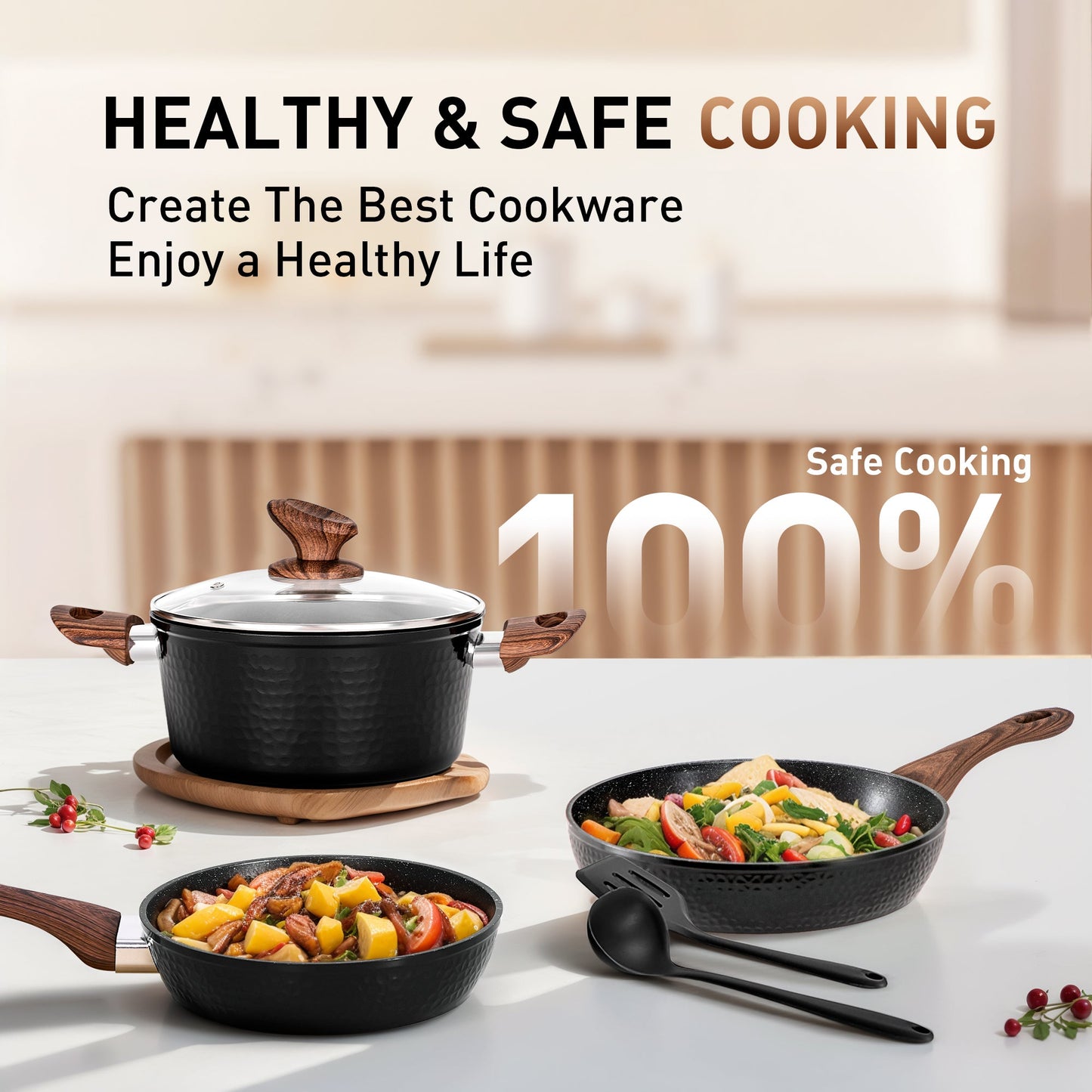 Sophia & William 15 Pieces Kitchen Nonstick Granite-Coated Cookware Set - Black