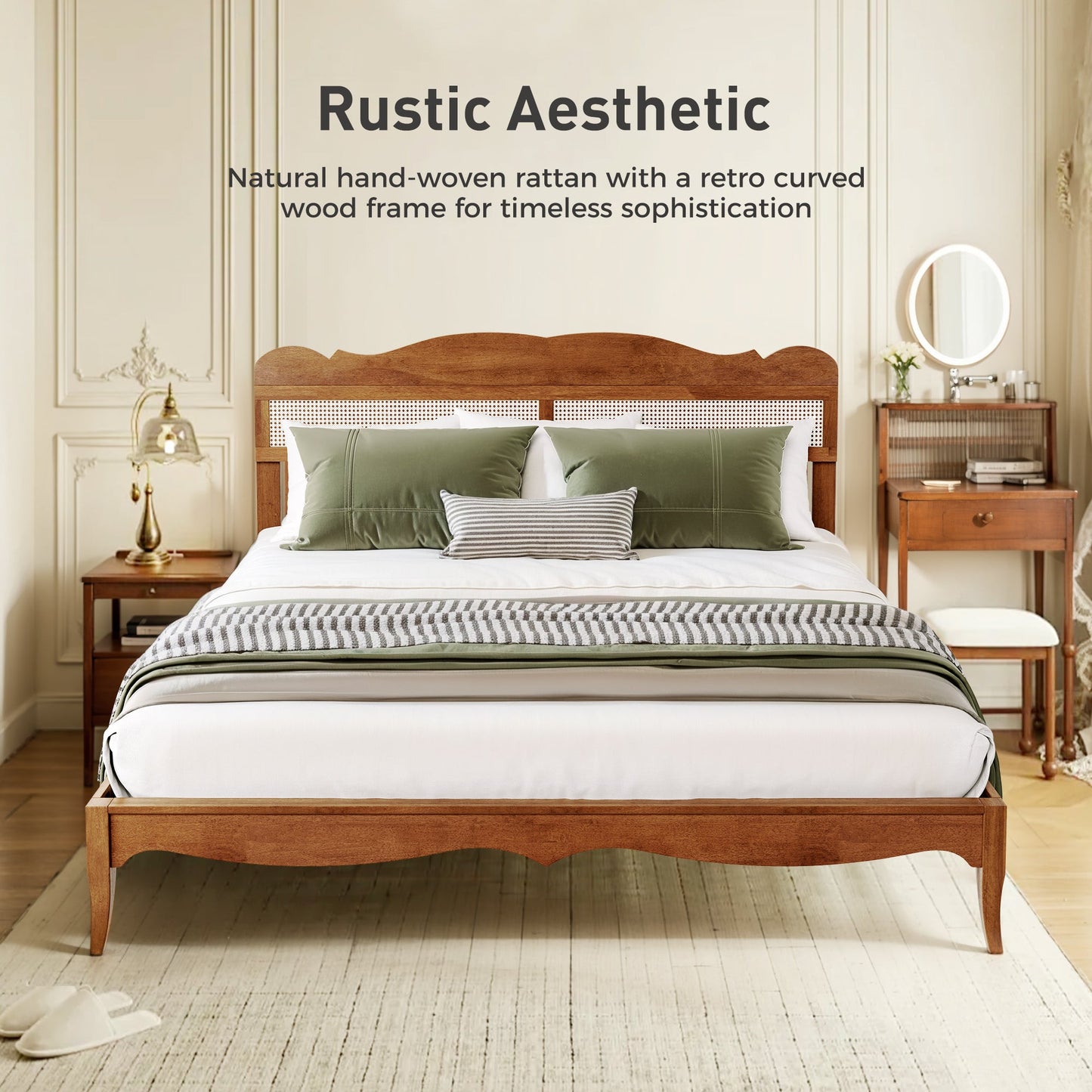 Sophia & William King Size Wood Platform Bed Frame with Wooven Rattan Headboard & Wooden Slats,No Box Spring Needed