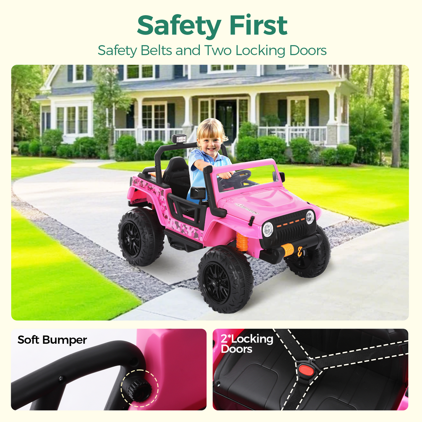Alpha Joy 2-Seater Kids Ride on Truck 24V Electric Jeep Car with Remote Control Battery Powered Toy Car w/2 Speeds, LED Lights, Detachable Spotlights, Bluetooth Music, Pink