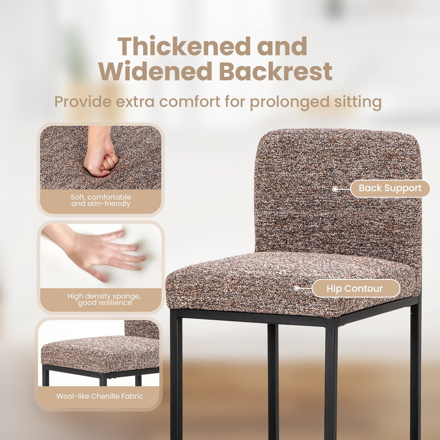 Sophia & William Counter Height Bar Stools with High Backrest 4 Pack Soft & Durable Chenille Fabric Bar Stools for Kitchen Island, Brown