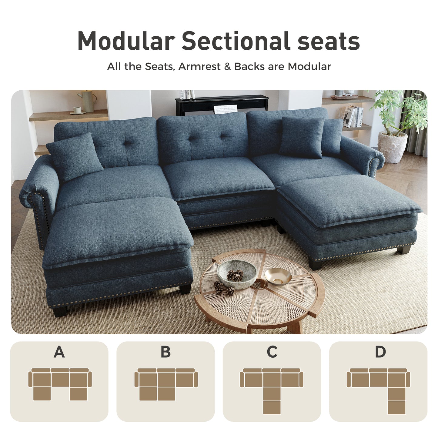 Sophia&William Modular Sectional Sofa Set, U-shaped Linen Cloud Couch 5-Seat Nailhead Trim Cloud Sofa Set with 3 Pillows for Living Room, Cyan