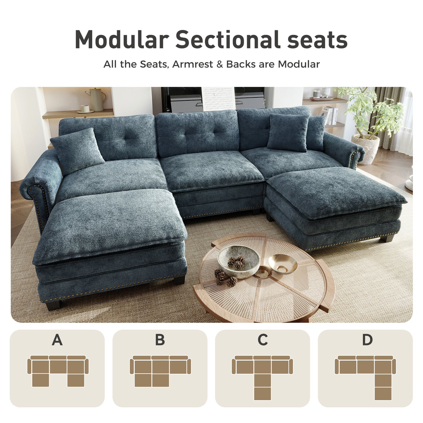 Sophia&William Sectional Sofa Set, Modern Chenille Cloud Couch 5-Seat Nailhead Trim Modular Sofa with 3 Pillows for Living Room, Blue