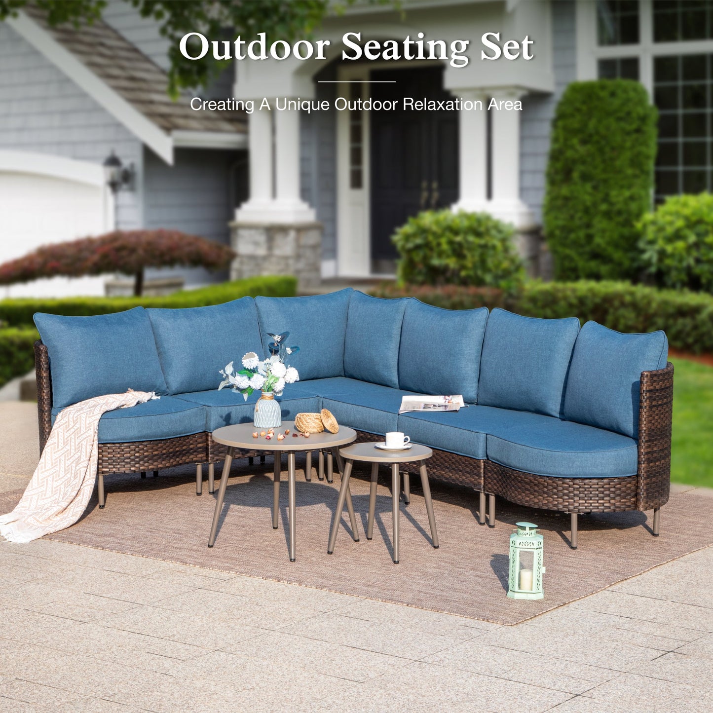 Sophia & William L-shaped 8 Pieces Wicker Patio Furniture Set 6-Seat Outdoor Conversation Set with Coffee Table & Cushioned Chairs, Brown & Blue