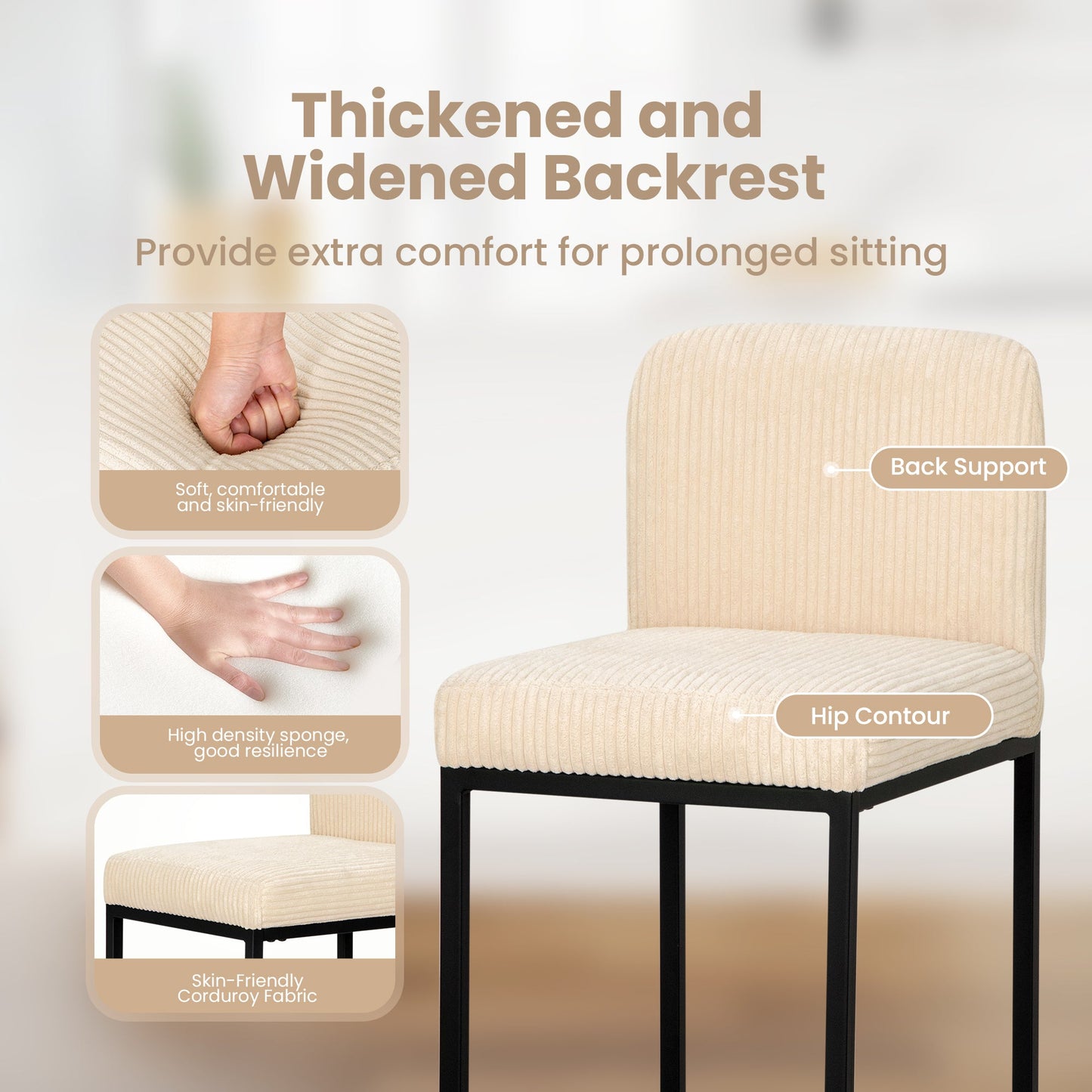 Sophia & William Counter Height Bar Stools with High Backrest 2 Pack Soft & Durable Vertical Striped Plush Bar Stools for Kitchen Island, Milky White