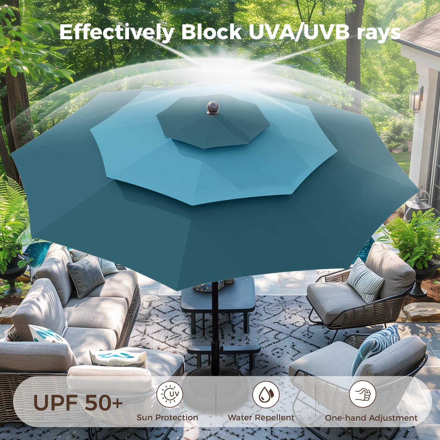 Alpha Joy 10ft 3 Tier Auto-Tilt Outdoor Patio Umbrella Beach Garden Double Vented Table Umbrella with Push Button and Crank, Peacock Blue & Cerulean