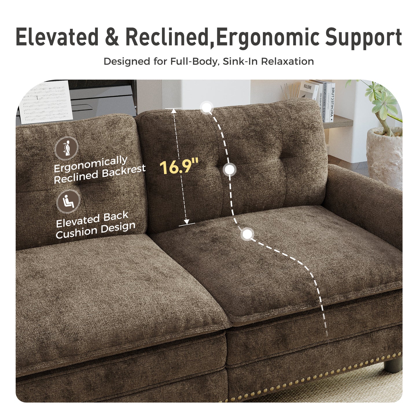 Sophia&William 2-Seat Modular Sectional Sofa Set, Mid-Century Chenille Cloud Couch Oversized Sofa with Retro Nailhead Trim and 2 Throw Pillows for Living Room, Taupe