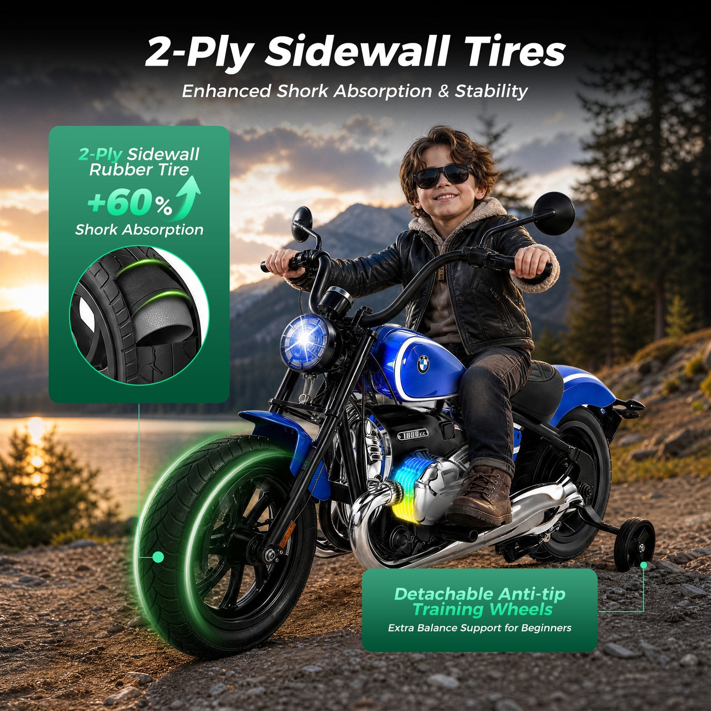 Alpha Joy BMW Licensed Electric Motorcycle 24V Battery Powered Electric Vehicle Car for Kids 200W 13 MPH Ride on Car with All-Terrain Tires, Removable Training Wheels for Boys Girls Age 8-12, Blue