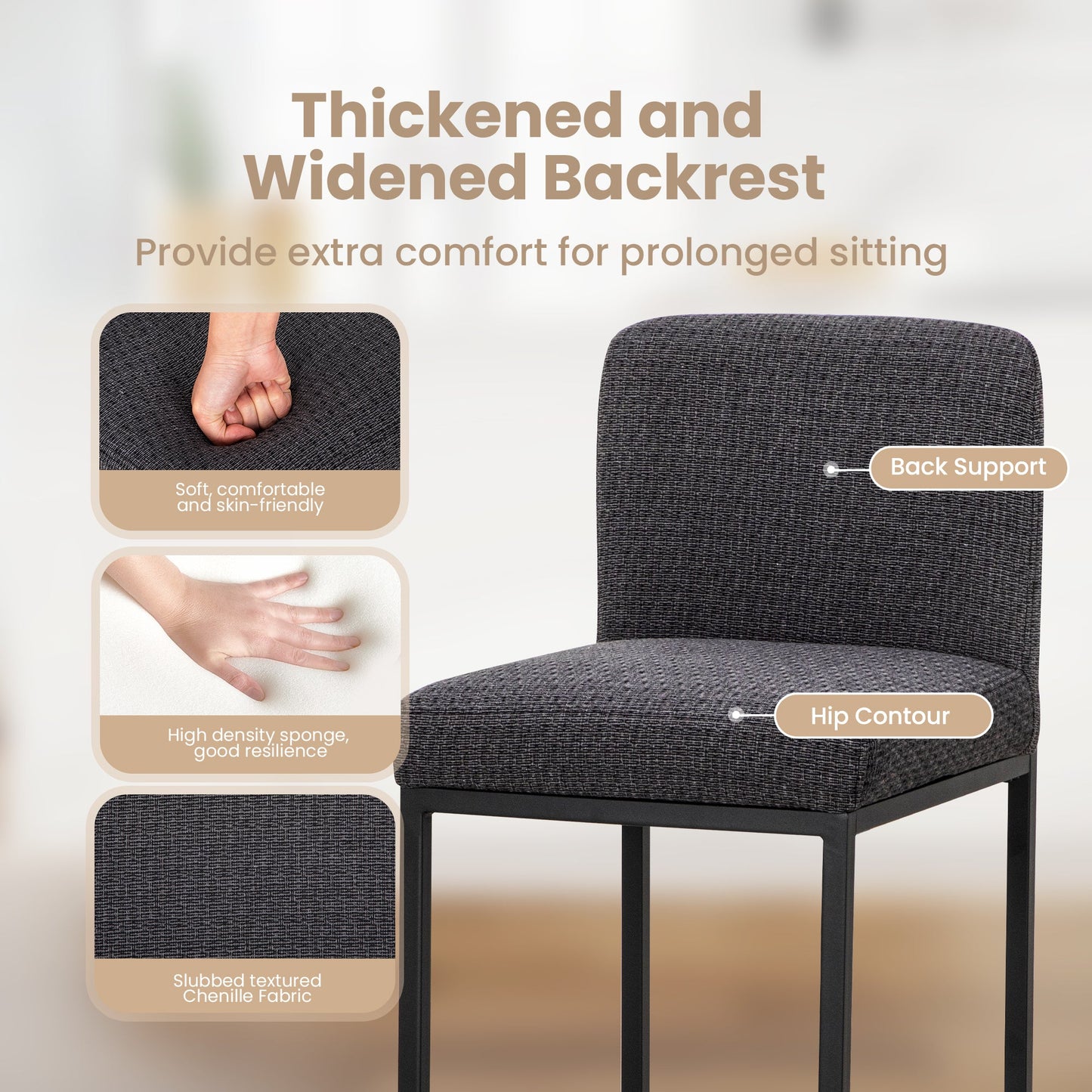 Sophia & William Counter Height Bar Stools with High Backrest 2 Pack Soft & Durable Chenille Fabric Bar Stools for Kitchen Island, Grayish Black