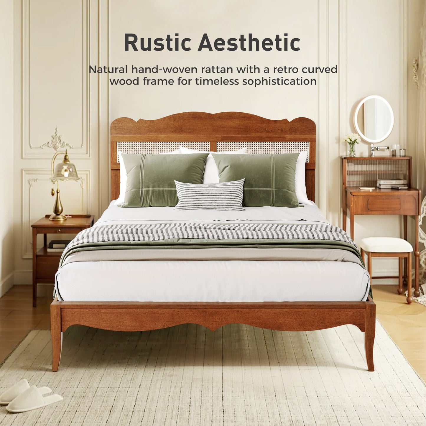 Sophia & William Queen Size Wood Platform Bed Frame with Wooven Rattan Headboard & Wooden Slats,No Box Spring Needed