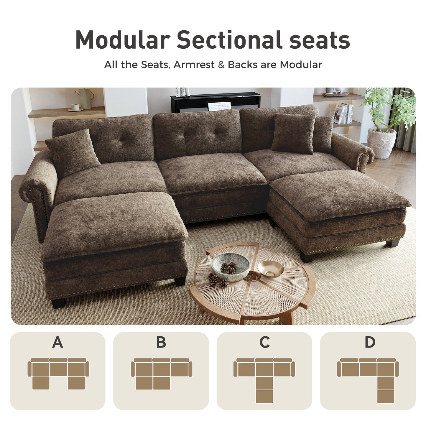 Sophia&William Modular Sectional Sofa Set, Modern Chenille Cloud Couch 5-Seat Nailhead Trim with 3 Pillows for Living Room Furniture Sets, Brown