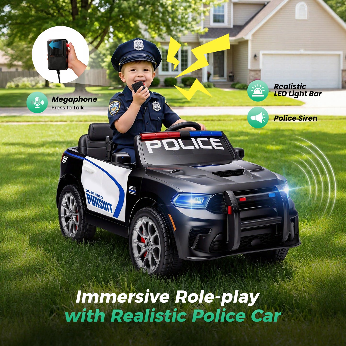 Alpha Joy 12V Kids Ride On 2-Seat Police Car with Megaphone, Remote Control, 3 Speeds, Electric Toy Car for Ages 3+, Black