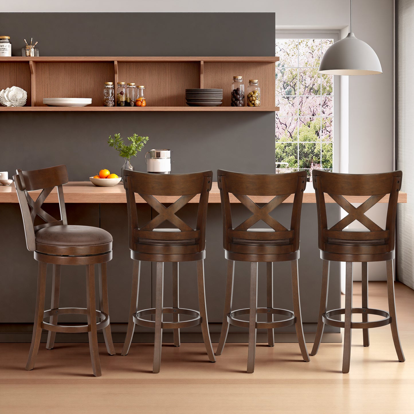 Sophia & William 30" Swivel Bar Stools, Set of 4 with Cross Back Durable Wood Frame Padded Counter Stools for Kitchen Island,Brown