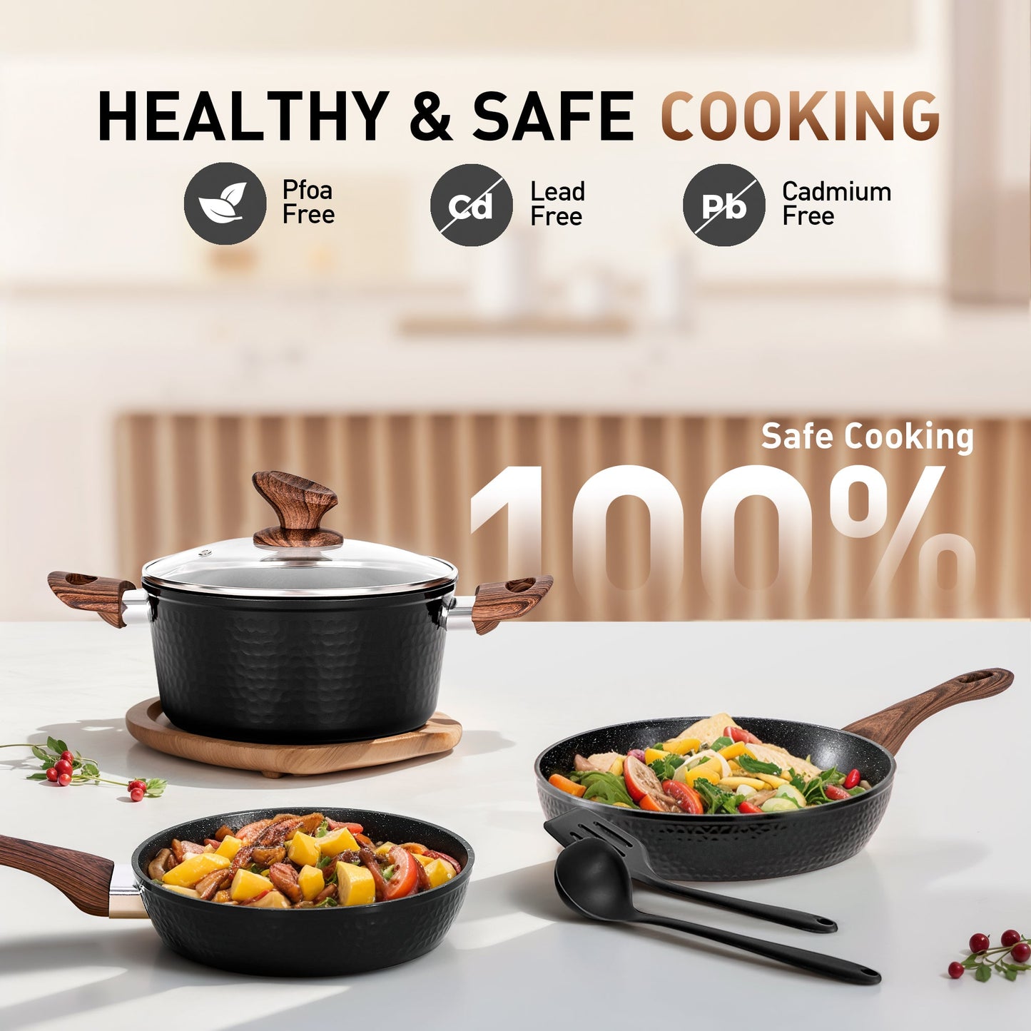 Sophia & William 12 Pieces Induction Nonstick Cookware Sets, Black