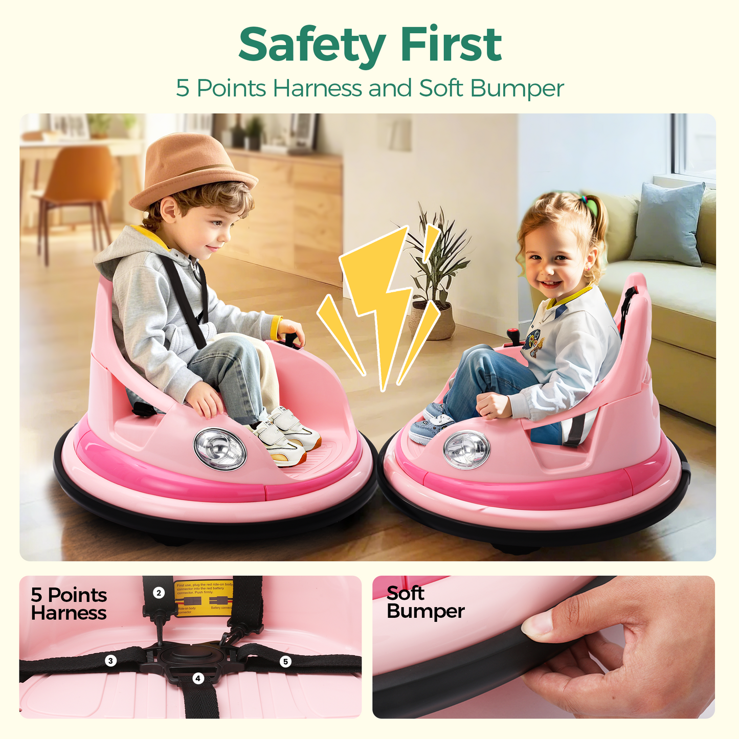 Alpha Joy Kids Bumper Car 12V Battery Powered Ride on w/LED Lights, Bluetooth Music, 360¡ã Spin, Remote Control, Electric Car in 2 MPH with Stickers, Pink