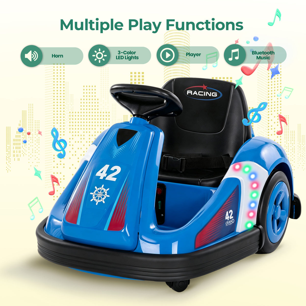 Alpha Joy Kids 12V Bumper Car with Steering Wheel & Remote Control, 3-Color LED Lights, 3 Speeds, Electric Ride-on Toys Car for 3-6 Years, Royal Blue