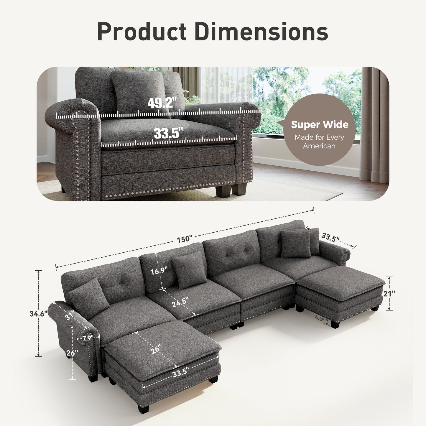 Sophia&William Modular Sectional Sofa Couch Set, U-shaped Linen Cloud Couch 6-Seat Retro Nailhead Trim Cloud Sofa Set with 4 Pillows for Living Room, Dark Gray