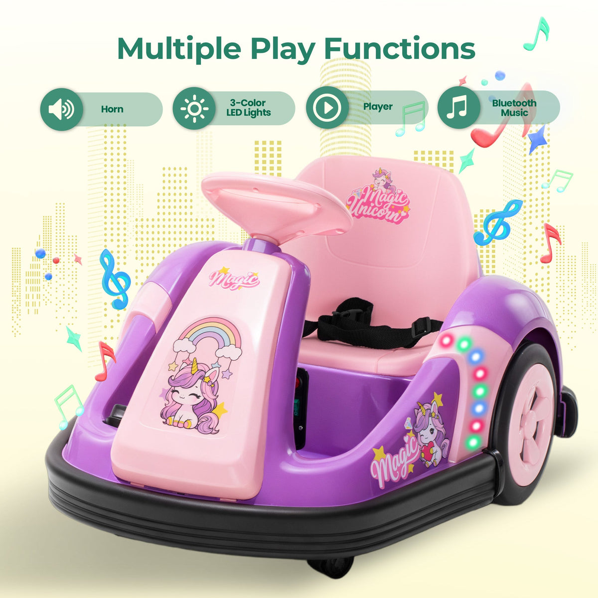 Alpha Joy Kids 12V Bumper Car with Steering Wheel & Remote Control, 3-Color LED Lights, 3 Speeds, Electric Ride-on Car for 3-6 Years, Pink