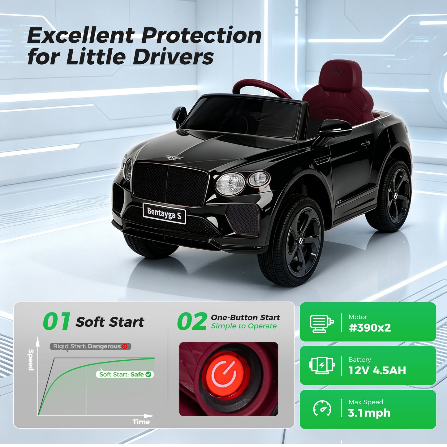Alpha Joy 12V Kids Ride On Car Licensed Bentley Electric Vehicle with Remote Control, Soft Start, 3 Speed, LED Lights, Built-in Storage & Music, Gift for Boys Girls Ages 3-8, Black