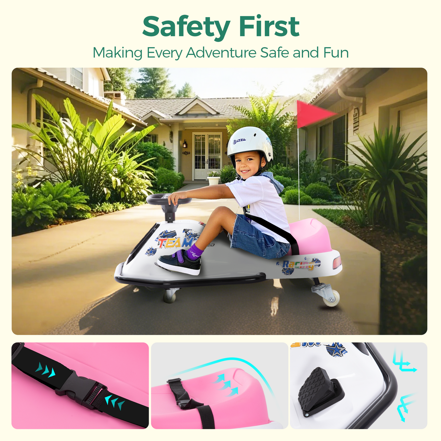 Alpha Joy Kids Crazy Drift Car 24V 181W Electric Drifting Go-Kart w/Rechargeable Battery, Colorful Light, Bluetooth Music & Safety Harness, Pink