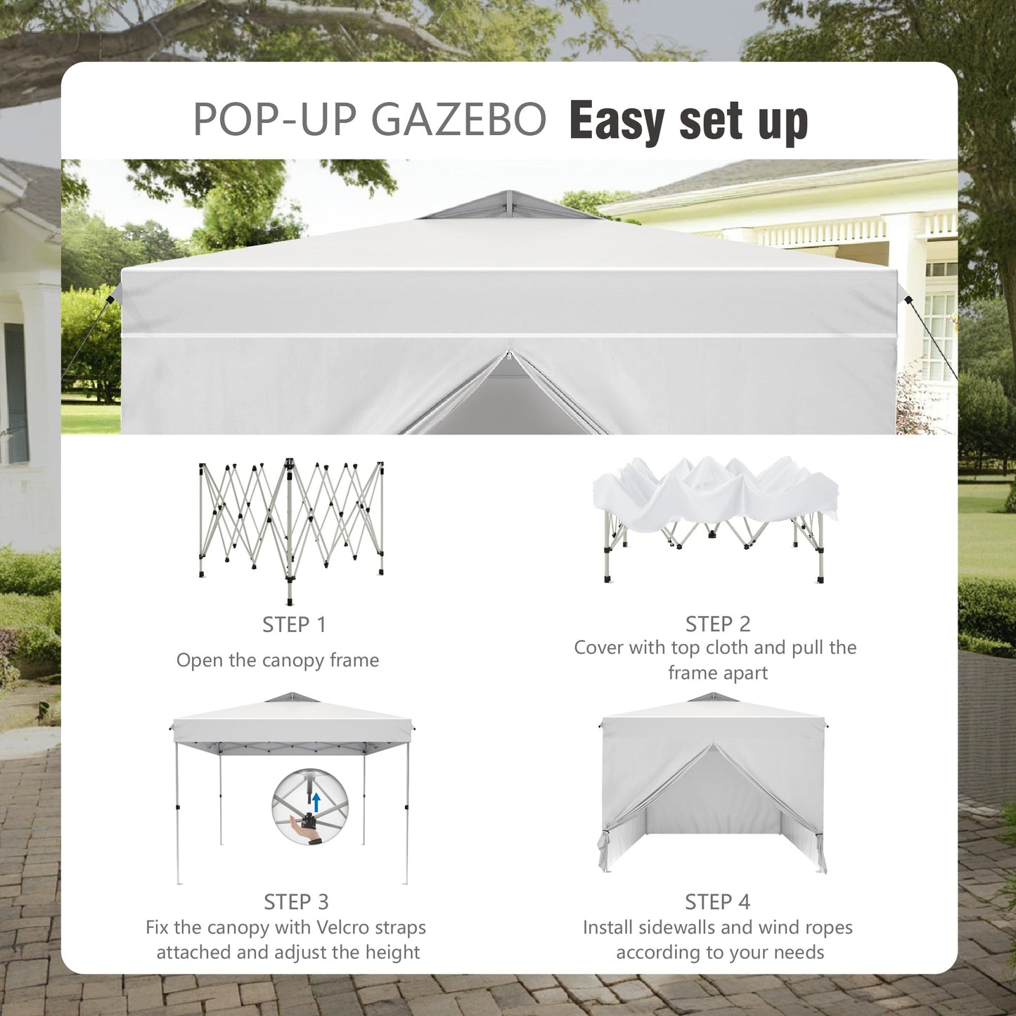 Alpha Joy 10'x 10' Instant Canopy Outdoor Ez Up Outdoor Canopy Shelter Tent with 4 Side Walls, White