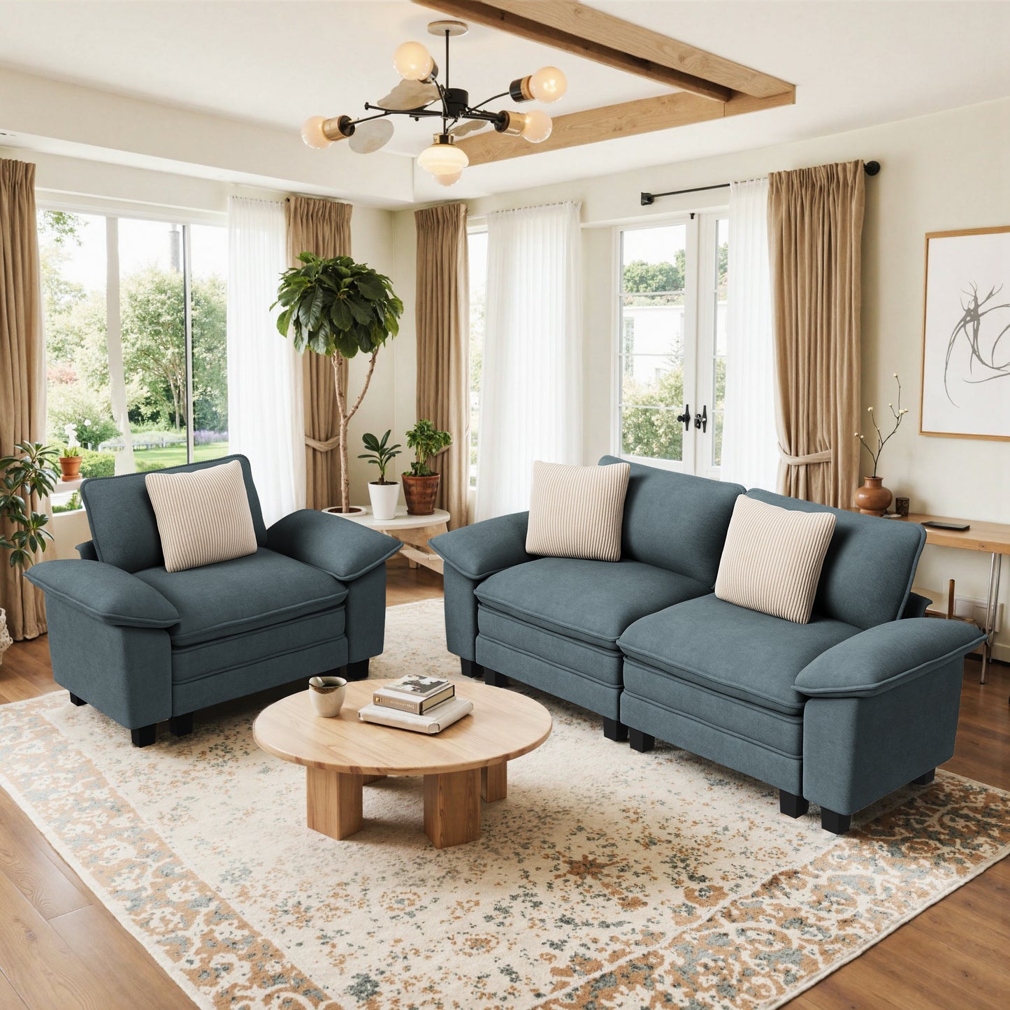Sophia&William 3-Seat Modular Sectional Sofa Sets, Oversized Chenille Couch Cloud Sofa with 3 Throw Pillows for Living Room,Blue