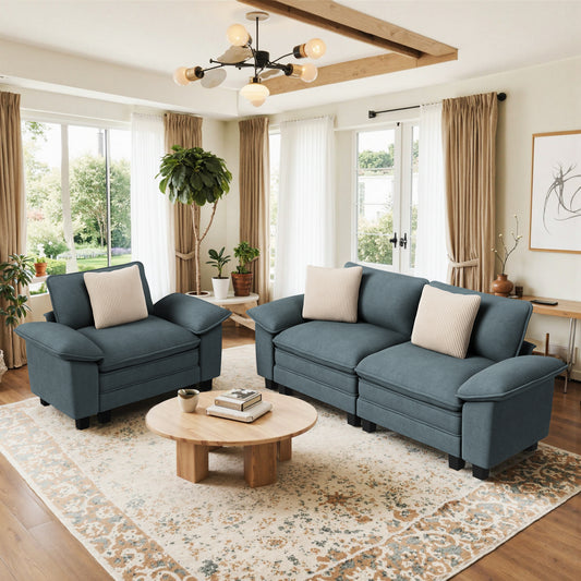 Sophia&William 3-Seat Modular Sectional Sofa Sets, Oversized Chenille Cloud Couch with Deep Seat & 3 Throw Pillows for Living Room,Blue