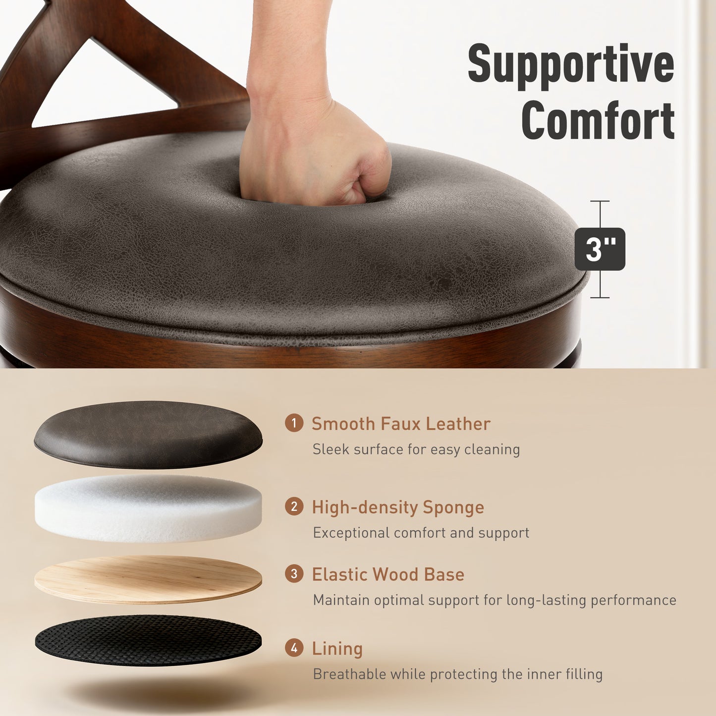 Sophia & William 30" Swivel Bar Stools, Set of 6 with Cross Back Durable Wood Frame Padded Counter Stools for Kitchen Island,Brown