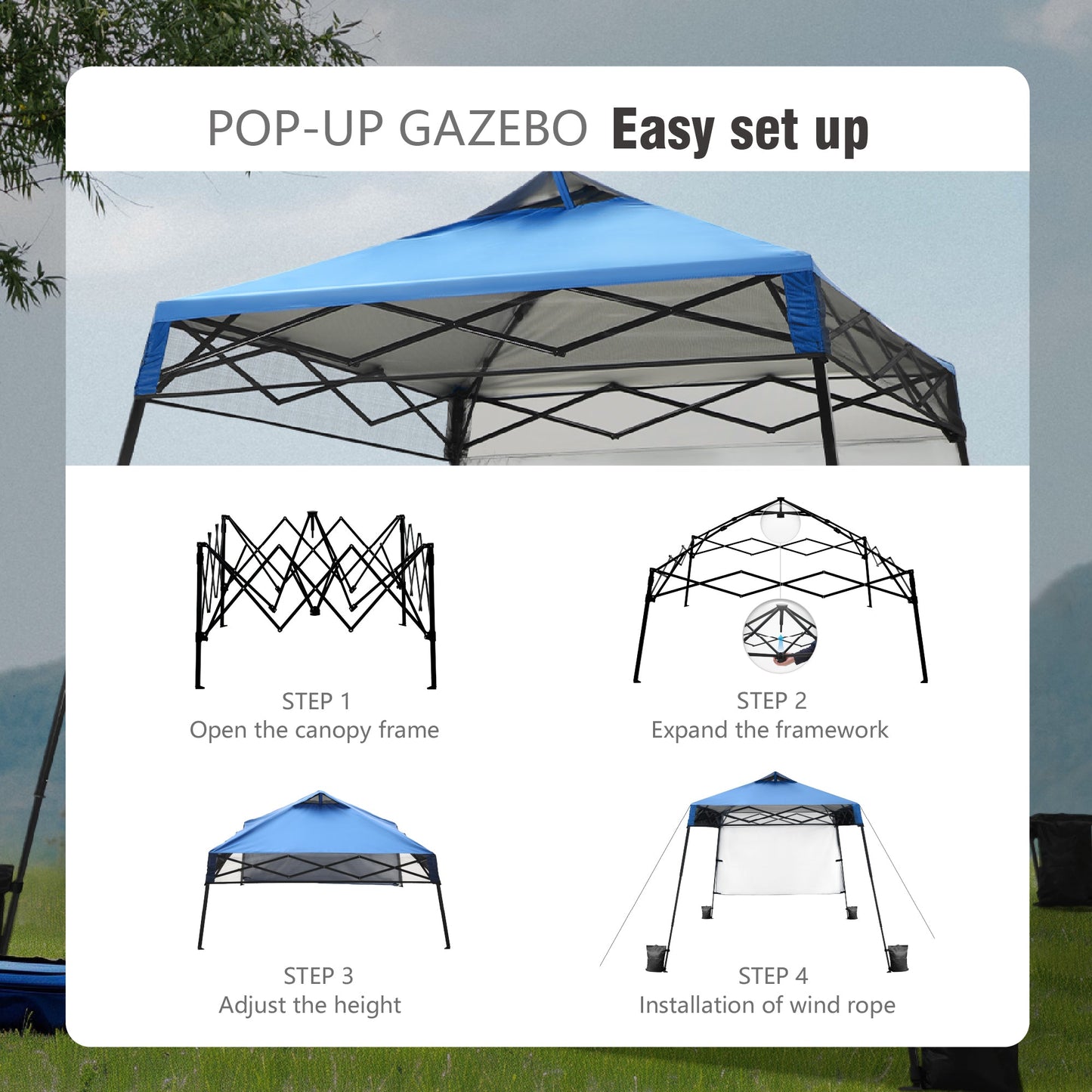 8x8ft Easy Set Up Pop Up UV Protection Canopy Tent with 1 Side Wall, Blue