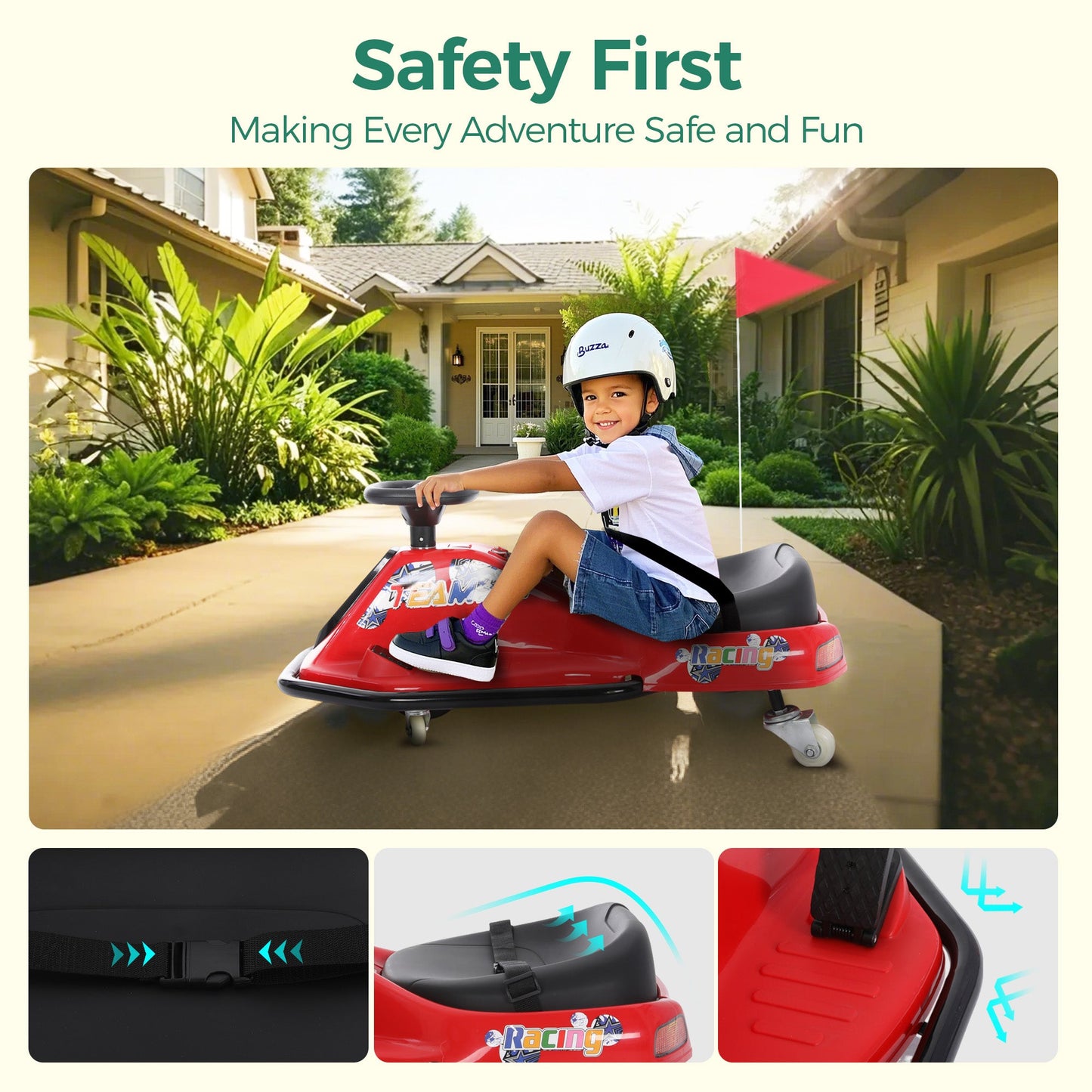 Alpha Joy Kids Crazy Drift Car 24V 181W Electric Drifting Go-Kart w/Rechargeable Battery, Colorful Light, Bluetooth Music & Safety Harness, Red